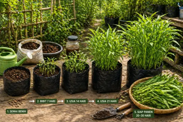 Ilustrasi - Cara mudah dan praktis menanam kangkung di polybag yang bisa dicoba di rumah (Sumber : AI chatGPT)