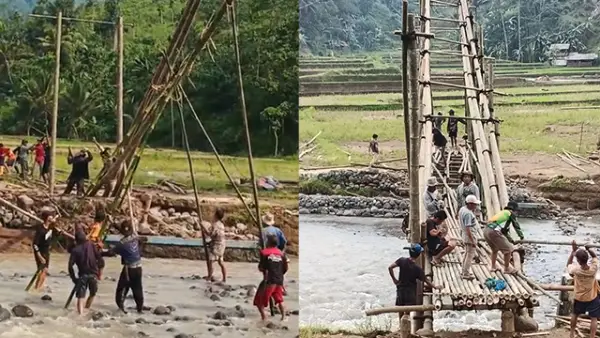 Warga bersama unsur pemerintah dan aparat bergotong royong membangun jembatan darurat di Kampung Cipiit, Desa Bojongsari, Kecamatan Nyalindung. (Sumber : Istimewa.).