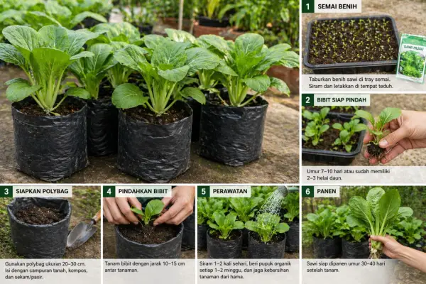 Cara mudah menanam sawi di polybag yang bisa dicoba di rumah dengan memanfaatkan pekarangan atau balkon. (Sumber : AI chatGPT)