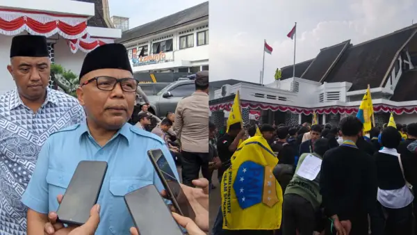 Sekretaris Daerah (Sekda) Kota Sukabumi, Andang Tjahjandi merespons tuntutan aksi unjuk rasa mahasiswa PMII di depan Balai Kota. (Sumber Foto: SU/Turangga Anom)
