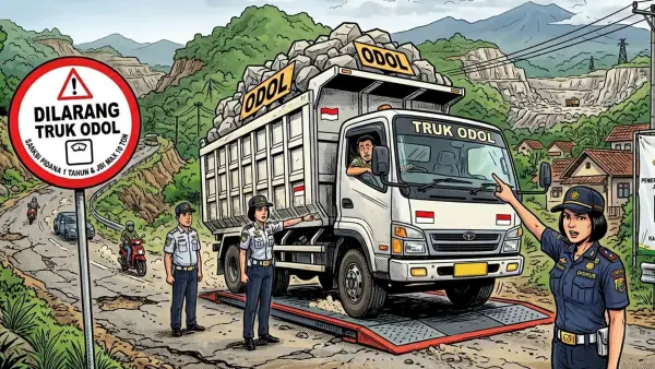 Ilustrasi penertiban truk ODOL di jalur Pajampangan Sukabumi. (Sumber Foto: AI)
