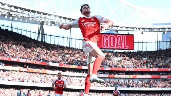 Selebrasi Declan Rice setelah mencetak gol untuk Arsenal. (Sumber: web/arsenal.com)