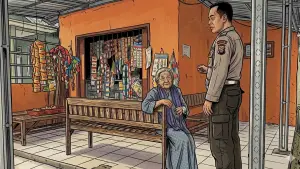 Ilustrasi berbasis foto asli yang digenerasi AI memperlihatkan suasana warung di Lembursitu Sukabumi, saat seorang nenek korban jambret dimintai keterangan oleh polisi. (Sumber Foto: Google Gemini)