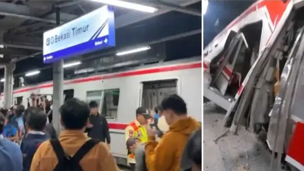 Kecelakaan melibatkan dua rangkaian kereta api terjadi di area Stasiun Bekasi Timur (BKST) pada Senin (27/4/2026) malam. (Sumber Foto: Istimewa)