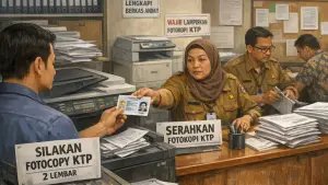 Ilustrasi AI, Teknologi Chip di E-KTP belum berfungsi karena birokrasi masih butuh fotokopi (Sumber: copilot)