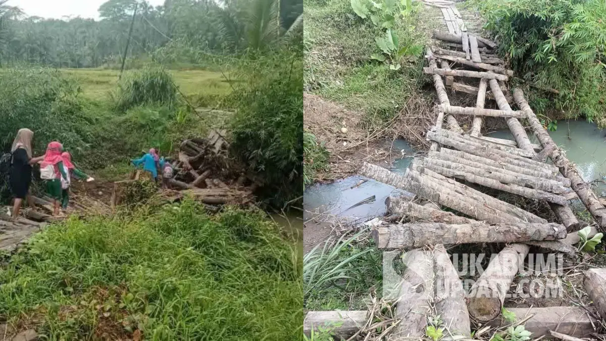 Jembatan Rusak Dihantam Banjir, Anak Sekolah di Tegalbuleud Terpaksa Meniti Puing Kayu