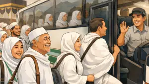 Ilustrasi AI. bus rombongan jemaah haji indonesia (Sumber: copilot)