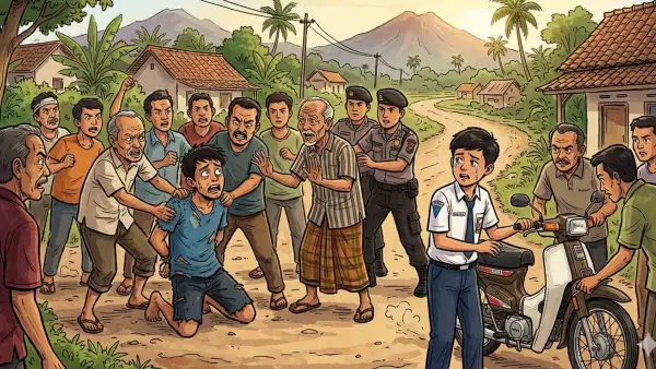 Seorang pemuda yang belum diketahui identitasnya ditangkap warga usai terciduk begal motor pelajar SMP di Sukabumi. (Sumber Foto: Ilustrasi/AI)