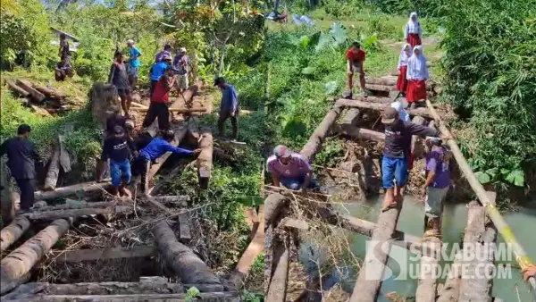 Warga bersama pemerintah desa membangun kembali Jembatan Cipalabuan yang rusak akibat luapan sungai di Desa Buniasih, Kecamatan Tegalbuleud, Sabtu (2/5/2026) | Foto : Ragil Gilang