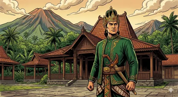 Mengenang kejayaan para leluhur di tanah Pasundan melalui visualisasi tokoh raja berbusana adat Sunda klasik lengkap dengan senjata tradisional Kujang. (Sumber Foto: AI/Google Gemini)