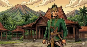 Mengenang kejayaan para leluhur di tanah Pasundan melalui visualisasi tokoh raja berbusana adat Sunda klasik lengkap dengan senjata tradisional Kujang. (Sumber Foto: AI/Google Gemini)
