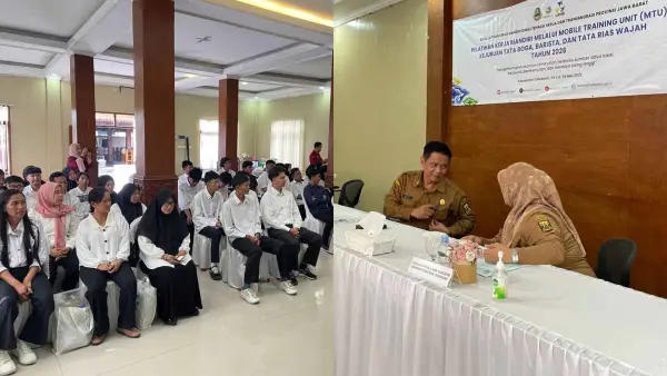 Kepala Disnakertrans Kabupaten Sukabumi, Sigit Widarmadi (kanan) membuka kegiatan pelatihan keterampilan Mobile Training Unit (MTU) di Cisaat. (Sumber Foto: Istimewa)