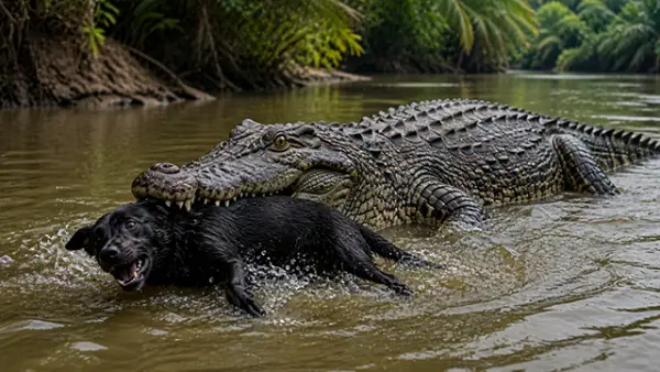 Ilustrasi - Seekor buaya berukuran besar yang memangsa anjing di Muara Cikaso, Kecamatan Tegalbuleud, Kabupaten Sukabumi. (Sumber : AI/ChatGPT).