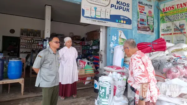 Kepala BPP Kecamatan Ciracap, Miftahul Zanah sedang mengecek pupuk di toko Tani Berkah Desa Pasirpanjang Kecamatan Ciracap. (Sumber: SU/Ragil Gilang)