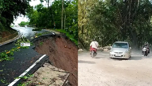 Jalan Nasional Kiaradua–Jampangkulon (Kiri yang belum diperbaiki pascalongsor) - Jalan darurat yang dilintasi warga (Kanan) (Sumber : Facebook Siti Saadah - Istimewa Warga).