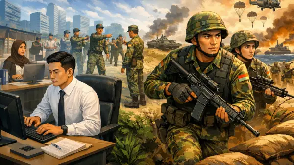 Ilustrasi AI. Dari Meja Kantor ke Garis Pertahanan (Sumber: copilot)