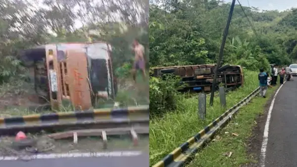 Truk pasir terguling di tanjakan Cikaso, Kecamatan Cibitung, Kabupaten Sukabumi, Rabu (13/5/2026) | Foto : dok. warga
