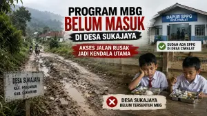 Ilustrasi kondisi jalan rusak yang menjadi penyebab program MBG belum menyentu8h masyarakat Desa Sukajaya, Pabuaran, Sukabumi. (Sumber: Ilustrasi AI)