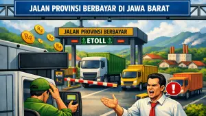Ilustrasi AI: Wacana penerapan jalan berbayar di ruas jalan provinsi Jawa Barat yang digulirkan oleh Gubernur Jawa Barat Dedi Mulyadi mendapat sorotan dari kalangan pengusaha logistik. (Sumber: copilot)