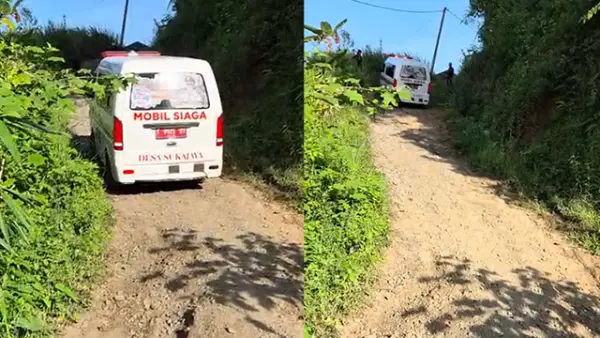 Kondisi jalan rusak di Kampung Cipicung, Desa Sukajaya, Kecamatan Pabuaran, Kabupaten Sukabumi, yang menyulitkan akses ambulans desa saat membawa pasien. (Sumber : Screenshot Video Facebook/@Riesma Lemoett).