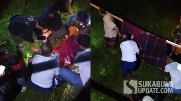 Warga saat mengevakuasi Yono yang alami patah kaki akibat jatuh dari atas jembatan gantung penghubung antardesa di Cidadap-Curugkembar Sukabumi. (Sumber Foto: Istimewa)