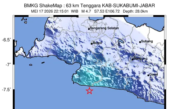 Titik lokasi gempa Sukabumi Selatan. Minggu (17/5/2026). (Sumber: Istimewa)