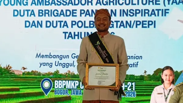 Jaenal Abidin, petani milenial asal Kecamatan Waluran, Kabupaten Sukabumi, saat mengikuti Grand Final Young Ambassador Agriculture (YAA) 2026 tingkat nasional | Foto : Dok. Istimewa