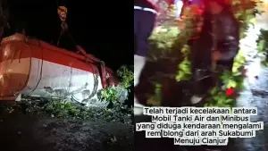 Kecelakaan lalu lintas di Jl. Raya Gekbrong – Sukabumi, Kampung Bangbayang, Kecamatan Warungkondang, Kabupaten Cianjur. (Sumber : Screenshot Video Instagram/@tmclantascianjur/@bpbd.kab.cianjur).