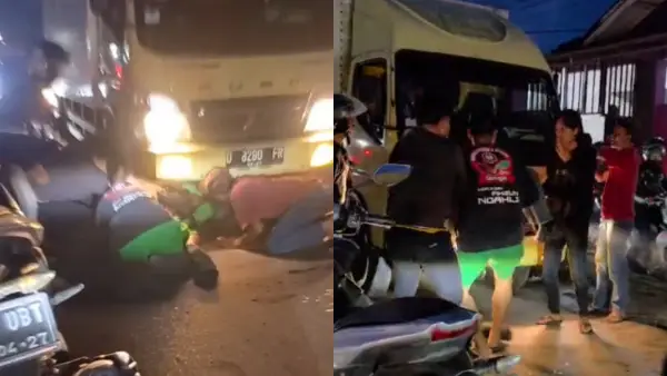 Warga dan pengguna jalan mengevakuasi pemotor yang masuk ke kolong truk boks usai mengalami kecelakaan di Jalan Raya Karangtengah, Kecamatan Cibadak, Kabupaten Sukabumi, Jumat (22/5/2026) malam. (Sumber Foto: Istimewa)