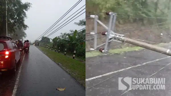 Tiang listrik tumbang di Jalan Provinsi Loji–Palangpang tepatnya di kawasan Puncak Dini Ciemas, Minggu (24/5/2026). (Sumber Foto: Istimewa)