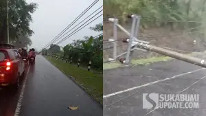 Tiang listrik tumbang di Jalan Provinsi Loji–Palangpang tepatnya di kawasan Puncak Dini Ciemas, Minggu (24/5/2026). (Sumber Foto: Istimewa)
