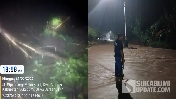 Tebing Cipeucang longsor dan banjir di Loji Simpenan melumpuhkan akses jalur wisata dari Palabuhanratu ke Geopark Ciletuh Sukabumi pada Minggu (24/5/2026). (Sumber Foto: Istimewa)
