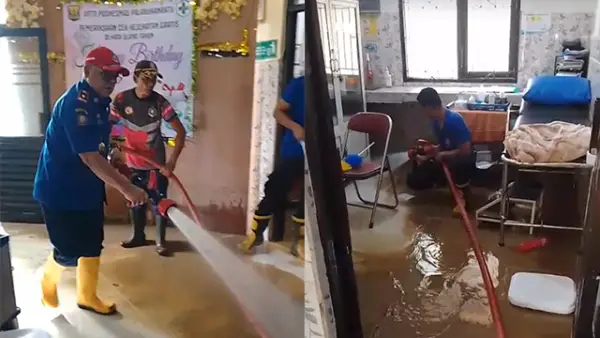 Kepala DPKP Kabupaten Sukabumi Budianto dan personel damkar saat bersihkan lumpur di Puskesmas Palabuhanratu, Senin (25/05/2026). (Sumber : Istimewa.).