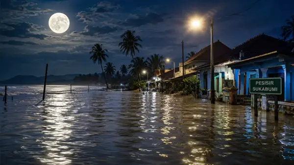 Ilustrasi - Bulan Purnama yang berpotensi terjadinya banjir ROB di kawasan pesisir Sukabumi. (Sumber : AI/ChatGPT).