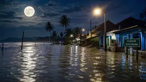 Ilustrasi - Bulan Purnama yang berpotensi terjadinya banjir ROB di kawasan pesisir Sukabumi. (Sumber : AI/ChatGPT).