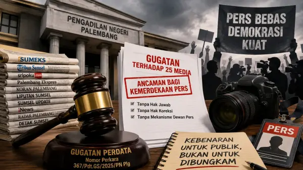 Ilustrasi 25 perusahaan media digugat di PN Palembang. (Sumber: Ilustrasi AI)