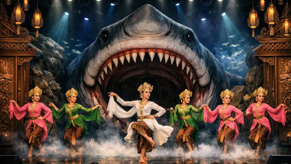 Ilustrasi AI. Pentas teater huntu gelap di pusat studi hiu purba megalodon di Sukabumi (Sumber: copilot)