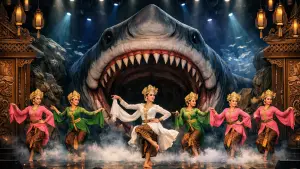 Ilustrasi AI. Pentas teater huntu gelap di pusat studi hiu purba megalodon di Sukabumi (Sumber: copilot)