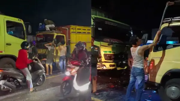 Kondisi dua truk paska adu banteng di Parungkuda, Kabupaten Sukabumi, Selasa (26/5/2026) | Foto : dok. warga