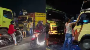 Kondisi dua truk paska adu banteng di Parungkuda, Kabupaten Sukabumi, Selasa (26/5/2026) | Foto : dok. warga