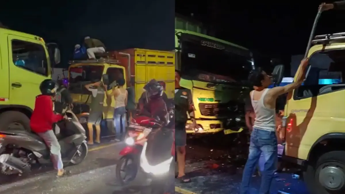Saat Malam Takbiran, Dua Truk Adu Banteng di Parungkuda Sukabumi