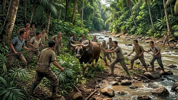 Ilustrasi warga saat mengepung sapi kurban yang kabur hingga ke pinggir sungai. (Sumber Foto: Google Gemini/AI)