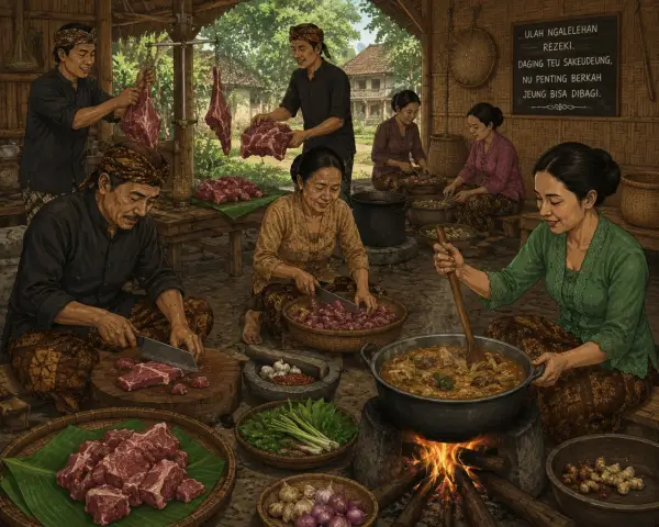 Ilustrasi - Cara tradisional masyarakat Sunda dalam mengolah daging sebelum ada kulkas seperti sekarang (Sumber : AI chatGPT)