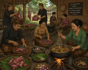 Ilustrasi - Cara tradisional masyarakat Sunda dalam mengolah daging sebelum ada kulkas seperti sekarang (Sumber : AI chatGPT)