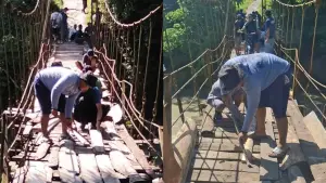 Momen warga dua desa di Kabupaten Sukabumi secara swadaya perbaiki jembatan gantung Cibodas yang rusak dan sering memakan korban. (Sumber Foto: Istimewa)