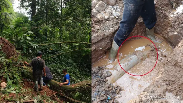 Perbaikan pipa Perumdam TJM yang rusak akibat longsor di Ciambar | Foto : Perumdam TJM