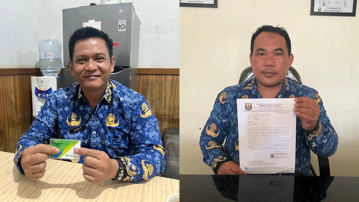 Kadisnakertrans Sigit Widarmadi (kiri) dan Kabid Hubungan Industrial Disnakertrans Tedi Kuswandi yang menunjukan surat yang diterbitkan Sekda.