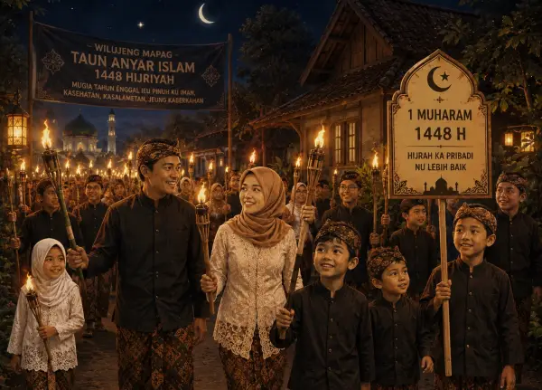 Ilustrasi - Masyarakat Sunda menyambut dan memeriahkan Tahun Baru Islam 1448 H dengan pawai obor (Sumber : AI chatGPT)