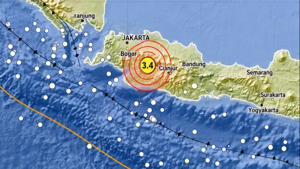 Gempa bumi Magnitudo 3,4 mengguncang wilayah selatan Kabupaten Cianjur, Jawa Barat, Sabtu (6/6/2026) pukul 19.57 WIB | Foto : BMKG