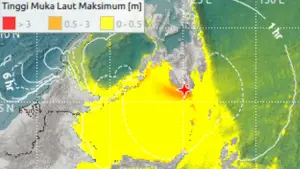 Pemutakhiran Peringatan Dini, Tsunami akibat gempa Mag:7.7 (244 km BaratLaut PULAUKARATUNG-SULUT). (Sumber : BMKG).